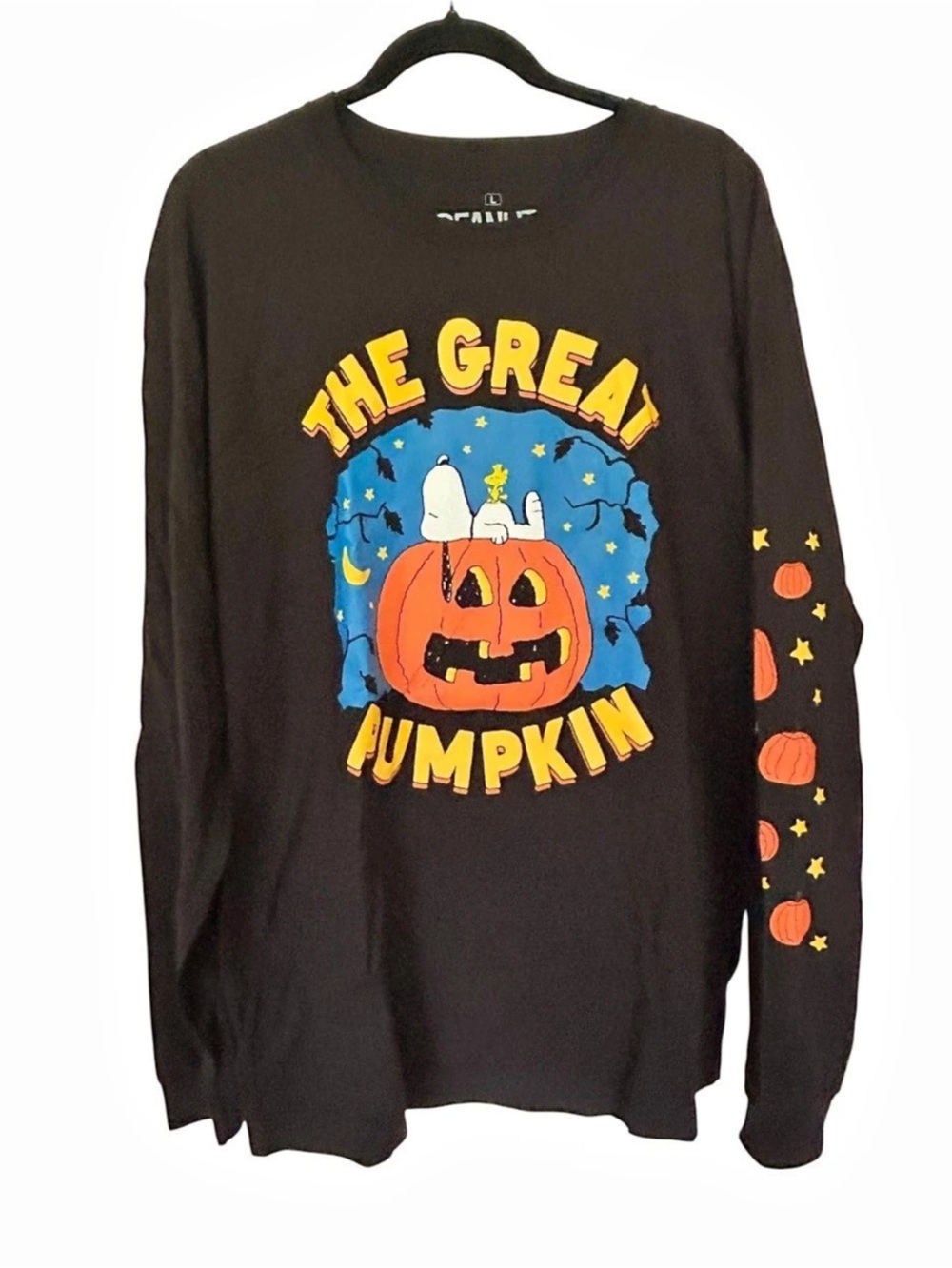 Peanuts The Great Pumpkin Long Sleeve Graphic Tee Snoopy Halloween Shirt Black L